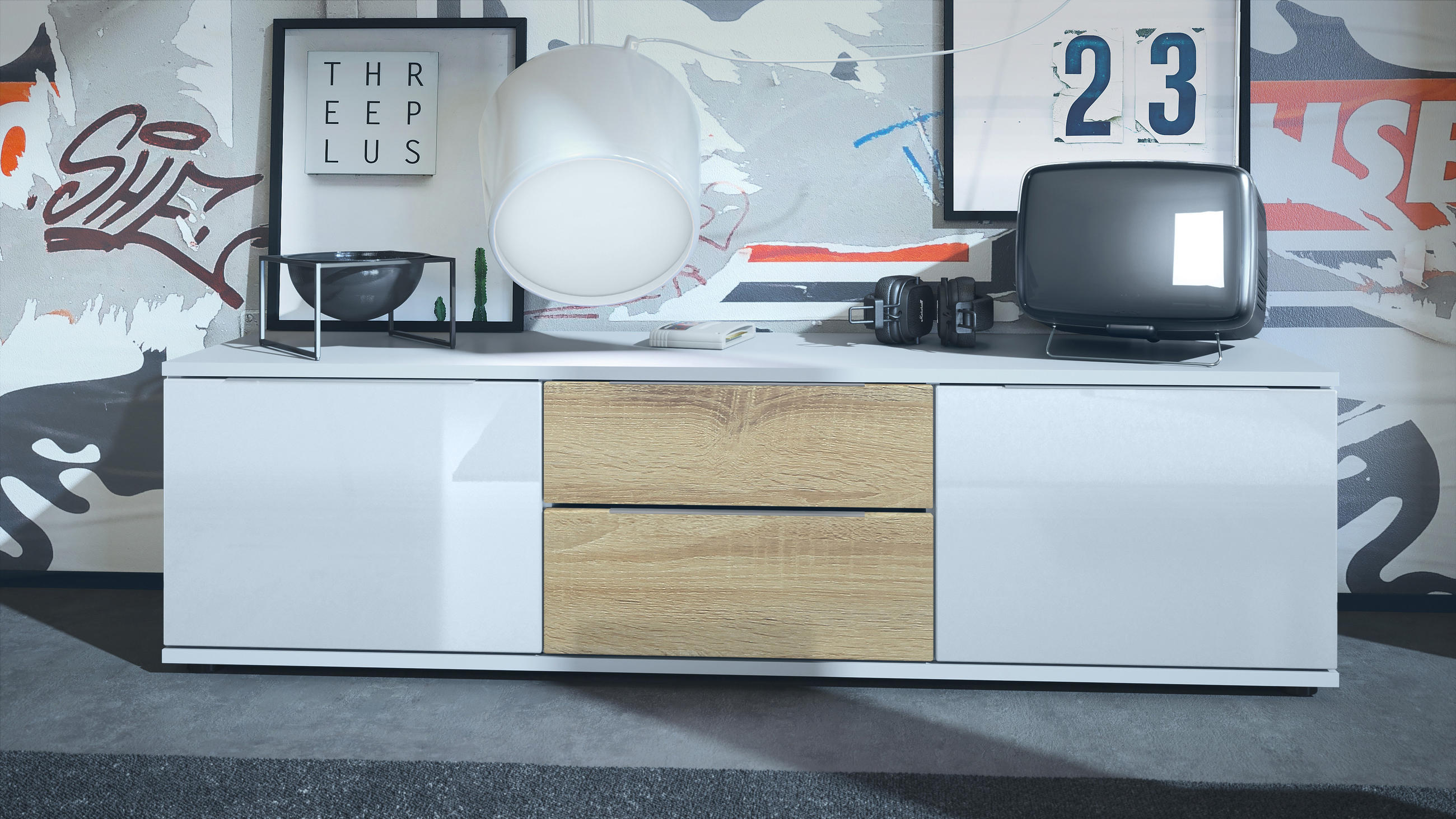 Thumbnail - Vladon Lowboard, Weiß Hochglanz, Sonoma Eiche, Holzwerkstoff, 138.5x37.5x35 cm, Wohnzimmer, Wohnwände, Lowboards, Lowboa...