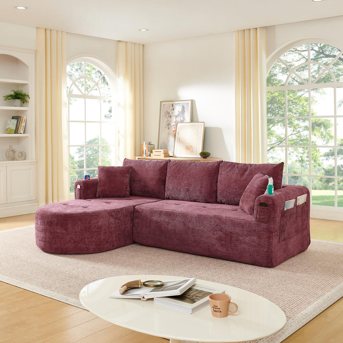 ECKSOFA DE-35043 L-Form mit Becherhalter Weinrot - Weinrot, Textil (170/255cm) - ComfortXL