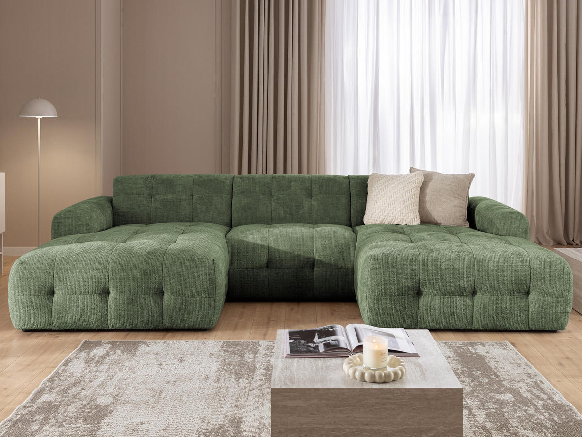 WOHNLANDSCHAFT Kozy im Bumpy-Design mit fester Rückenlehne aus weichem Grün Chenille-Stoff - Schwarz/Grün, Holz/Kunststoff (323/79/161cm) - S-Style Möbel