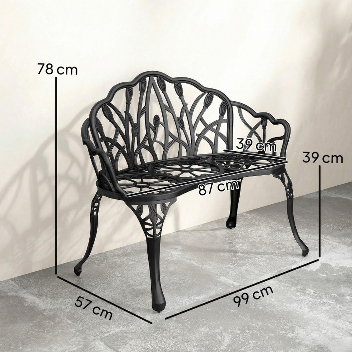ZAHRADNÍ lavice 99/57/78 cm černá z hliníku s květinovým vzorem pro 2 osoby - černá, kov (57/78/99cm) - OKWISH