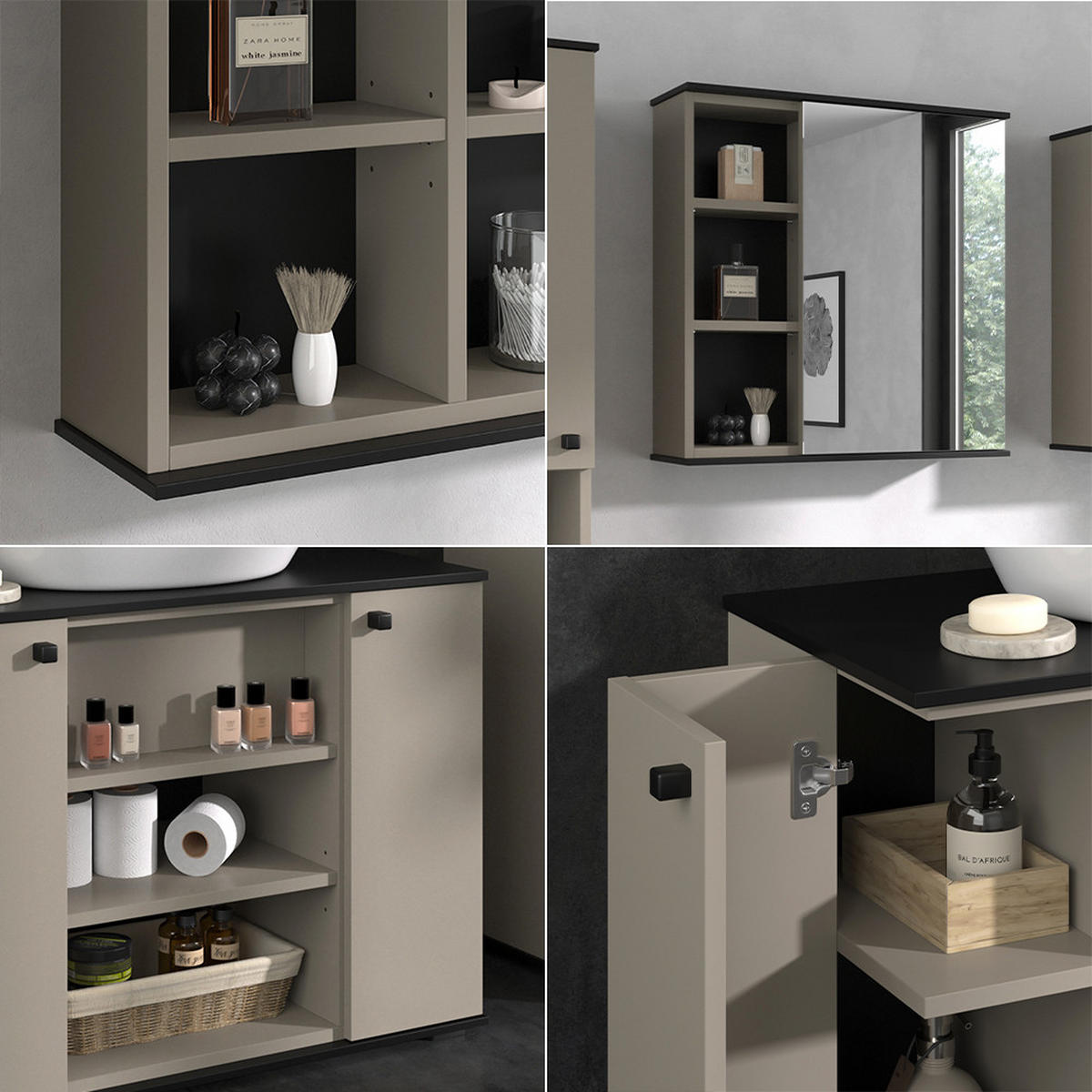 BADMÖBEL-SET Joli Greige 2 Teile - Greige/Schwarz, Holzwerkstoff (80/59/37cm) - Vicco