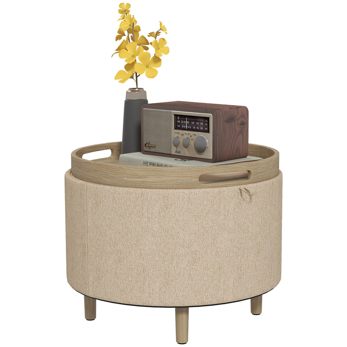 POUF DE-16380 3-in-1 mit reversiblem Deckel und Holzbeinen Beige - Beige, Textil (56/42/56cm) - ComfortXL