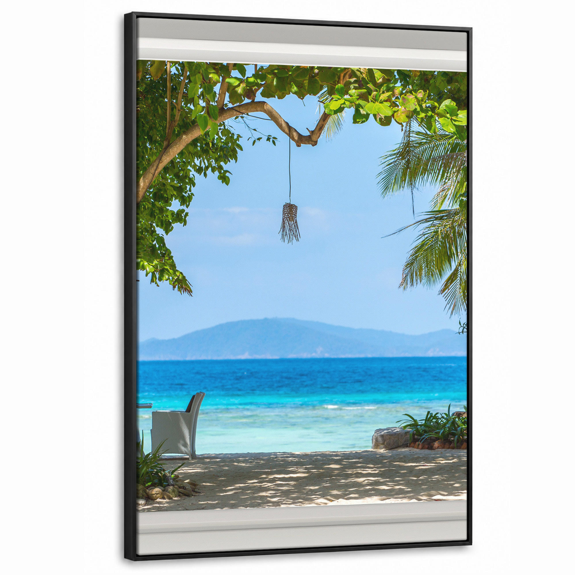 LEINWAND Bilder mit Rahmen - Aussicht - Baum - Meer - Palme - Hügel - Strand - Blau - 90x140 - Blau, Textil (90/140cm) - MuchoWow