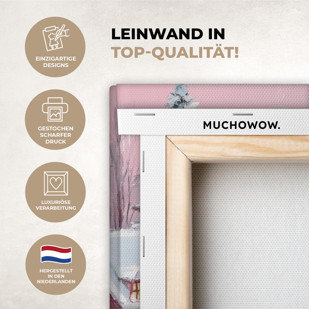 LEINWANDBILD Weihnachtsdorf - Rosa - Winter - Schnee - Häuser Deko Wohnzimmer 20x20 cm - Altrosa, Textil (20/20cm) - MuchoWow