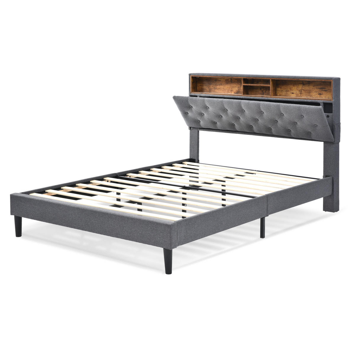 POLSTERBETT 140/200 cm Grau mit Stauraum-Kopfteil und LED-Beleuchtung - Grau, Holz (140/200cm) - OKWISH