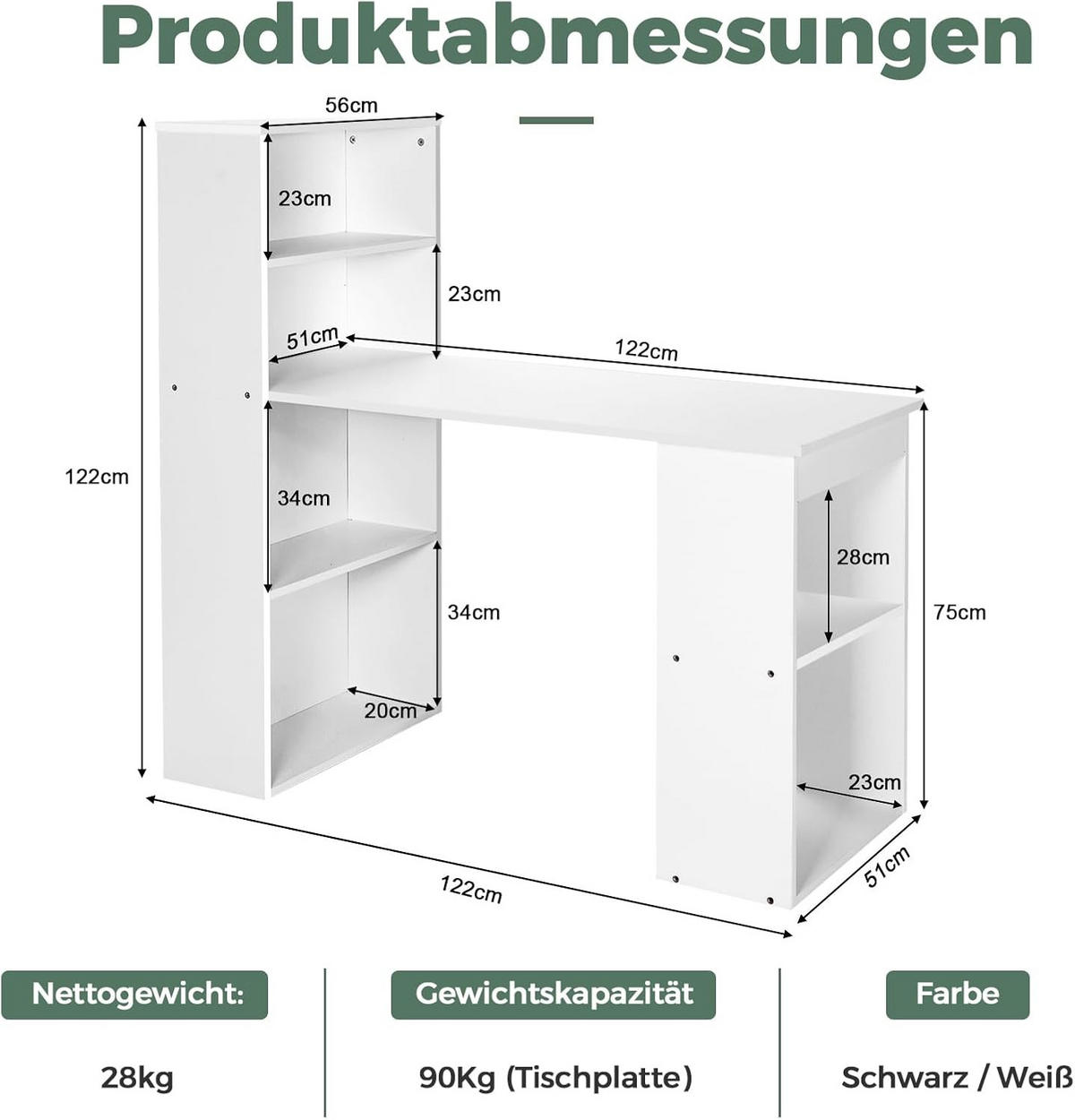 SCHREIBTISCH 120cm Weiß - Weiß, Holz (122/52/120cm) - COSTWAY