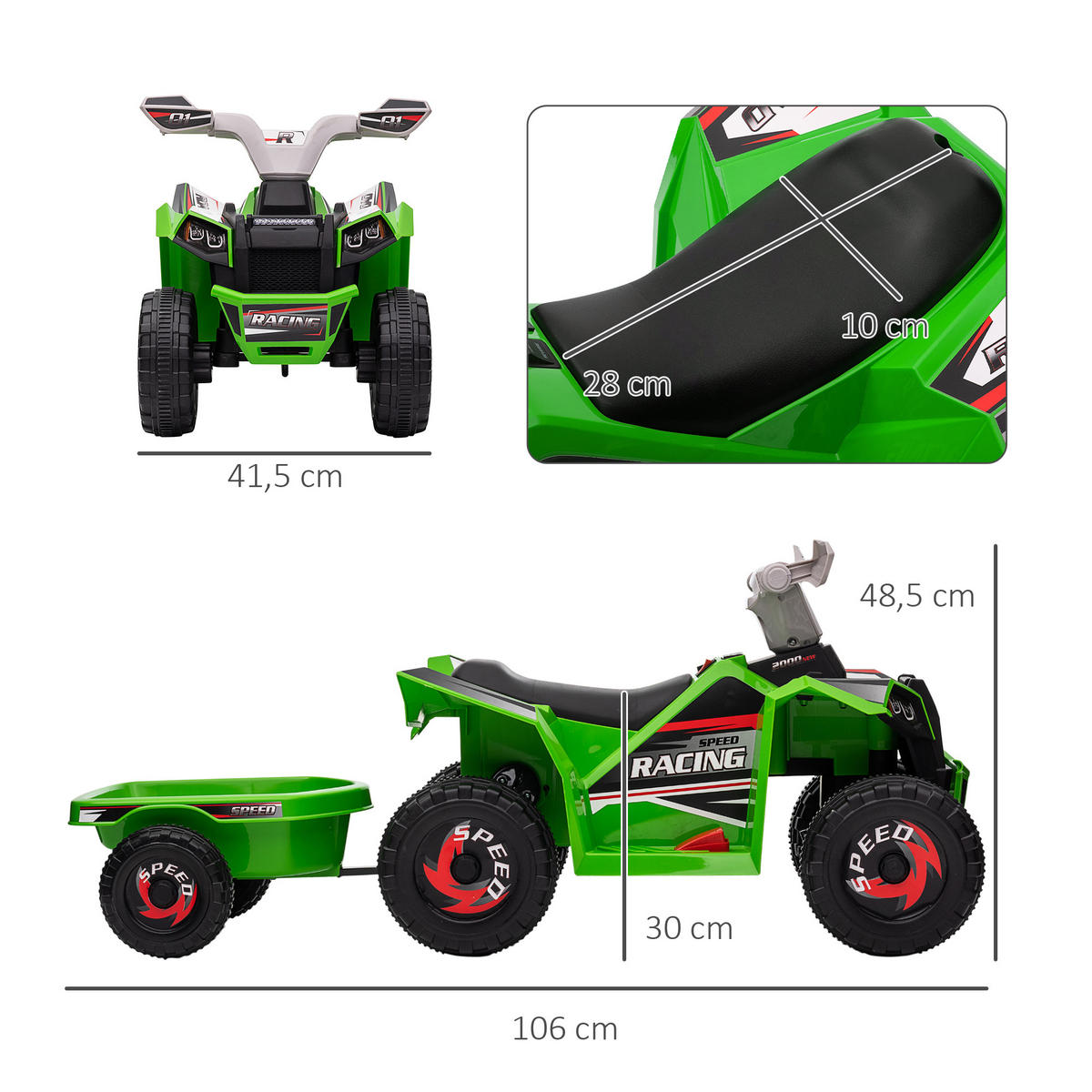 MINI ELEKTRO-QUAD KINDER, Grau+Schwarz+Blau+/Grün/Rot, Kunststoff+ Metall - Grün, Metall (106/41.5/48.5cm) - HOMCOM