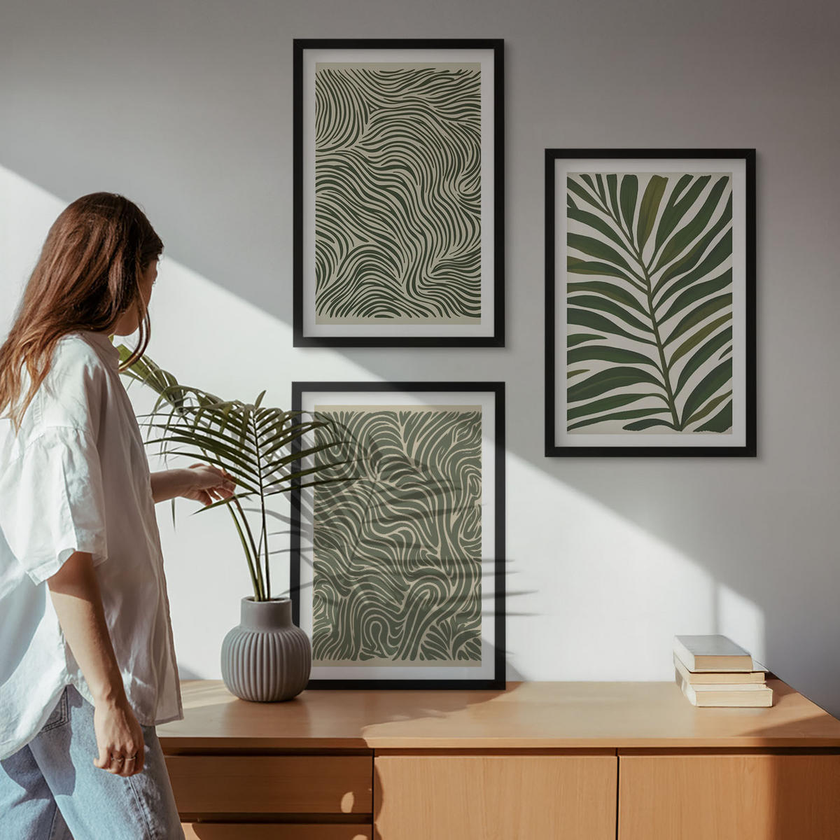 WANDBILDER 3er-Set - 40x60 cm Schwarzer Rahmen - Blattmuster wellenförmige Formen - Schwarz, Kunststoff (40/60cm) - ArtPrintCave
