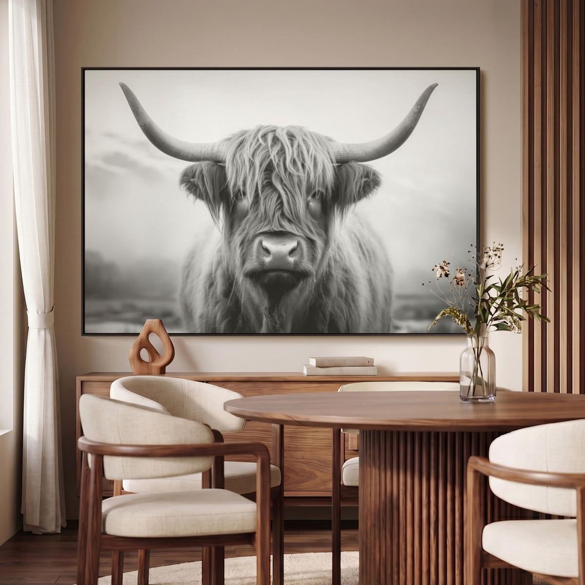 LEINWAND Bilder mit Rahmen - Schottischer Highlander - Nebel - Schwarz - Weiß - 150x100 - Grau, Textil (150/100cm) - MuchoWow