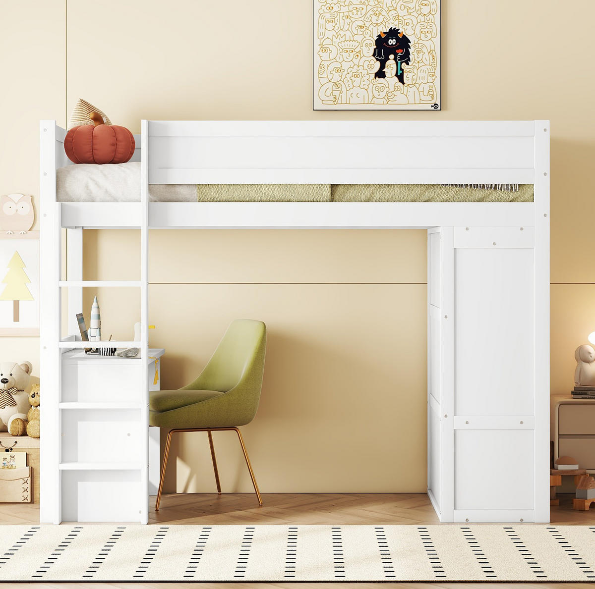 HOCHBETT aus Kiefernholz und MDF 90x200 cm Weiß mit Schreibtisch, Kleiderschrank und 2 Schubladen - Weiß, Holzwerkstoff (140/200cm) - Modfu