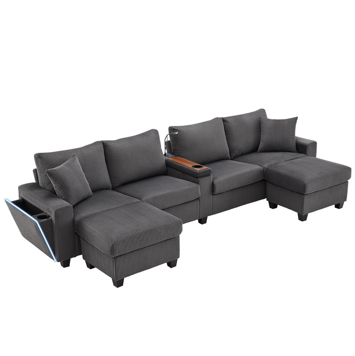 SOFA in U-Form mit 2 Hockern Grau Cord 334 cm - Grau, Holz (128.5/81/334cm) - Meubliv