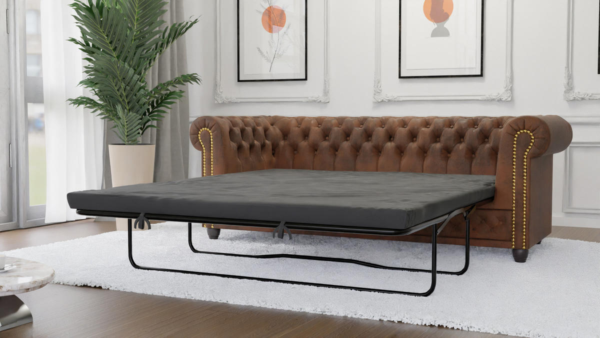 CHESTERFIELD-SOFA 3-sitzer mit Schlaffunktion Flux Braun Microfaser Vintageoptik - Braun, Holz/Textil (203/72/86cm) - S-Style Möbel
