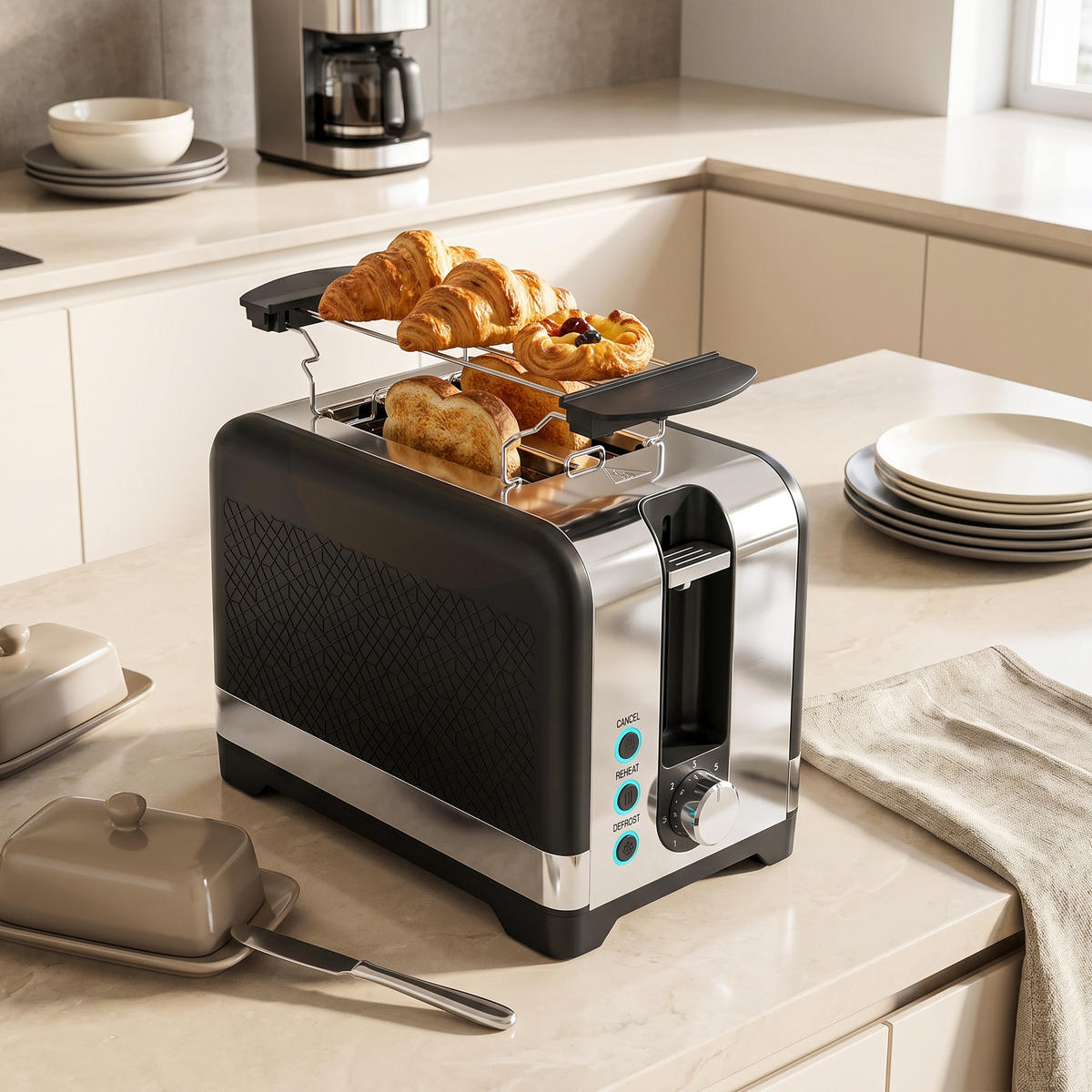 TOASTER 930 W 2-Scheiben mit Bräunungsstufen, Auftaufunktion, Aufwärmfunktion - Schwarz, Kunststoff (15.6/18.9/26.4cm) - Korfee