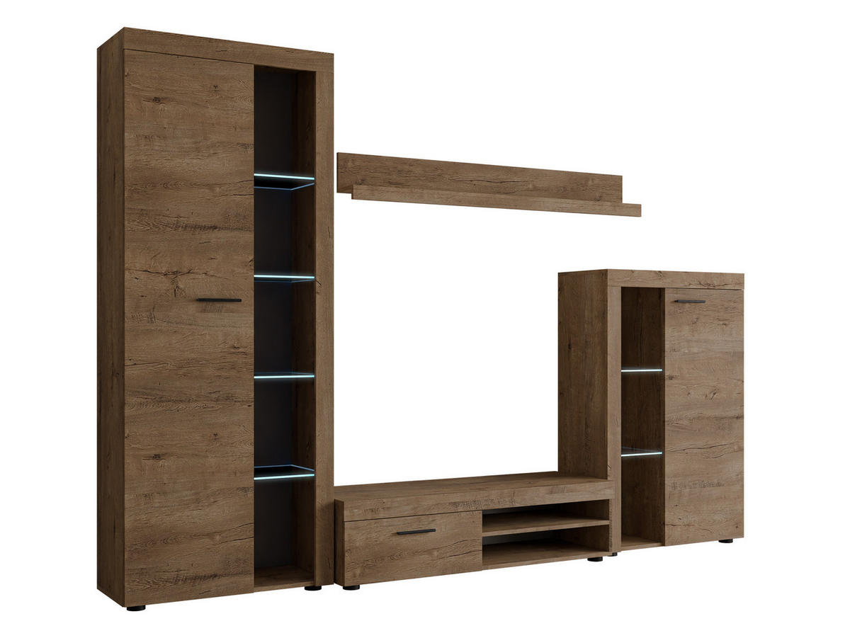 WOHNWAND Rumba mit LED Beleuchtung - Eichefarben, Holzwerkstoff (270/190/43cm) - MIRJAN24