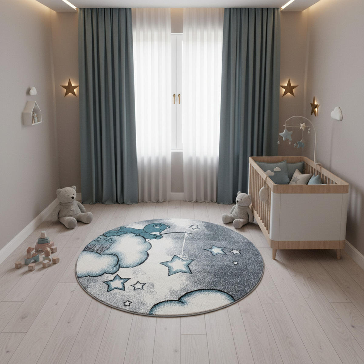 SPIELTEPPICH Bär Kindgerecht Waschbar Kinderzimmer Schadstoffgeprüft Rund Blau 120x120 cm – LAGO - Blau, Textil (120/120cm) - KADIMA DESIGN