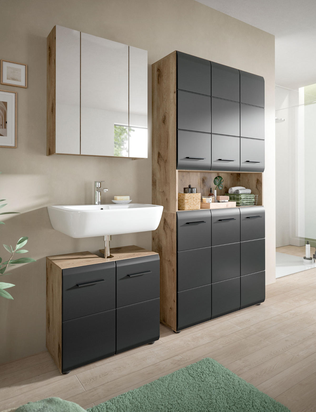 BADMÖBEL-SET schwarz matt, Nox Eiche 3-teilig, Komplettset mit viel Stauraum - Eichefarben/Schwarz, Glas/Holzwerkstoff (165/185/30cm) - Inn.Furn