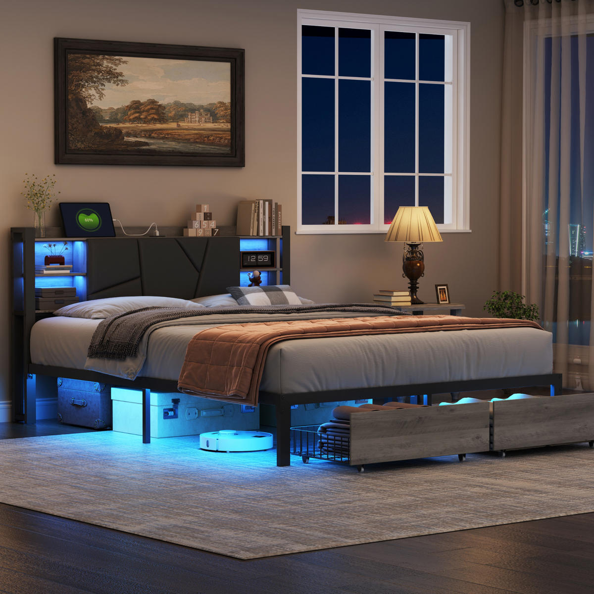 EISENHOLZBETT 140x200 cm mit Schubladen und USB & Type-C - Schwarz, Holz/Metall (140/200cm) - PARAFTA HOME