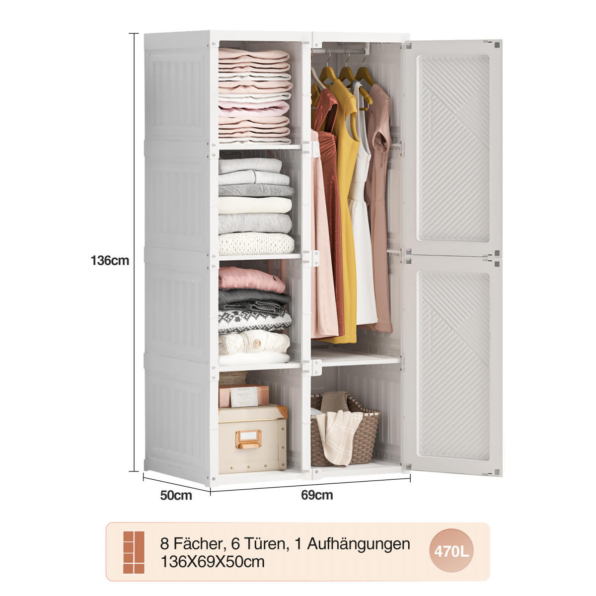 KLEIDERSCHRANK, mit 6 Tür, magnetverschluss und 1 Kleiderstange, Weiß - Weiß, Metall (50/136/69cm)