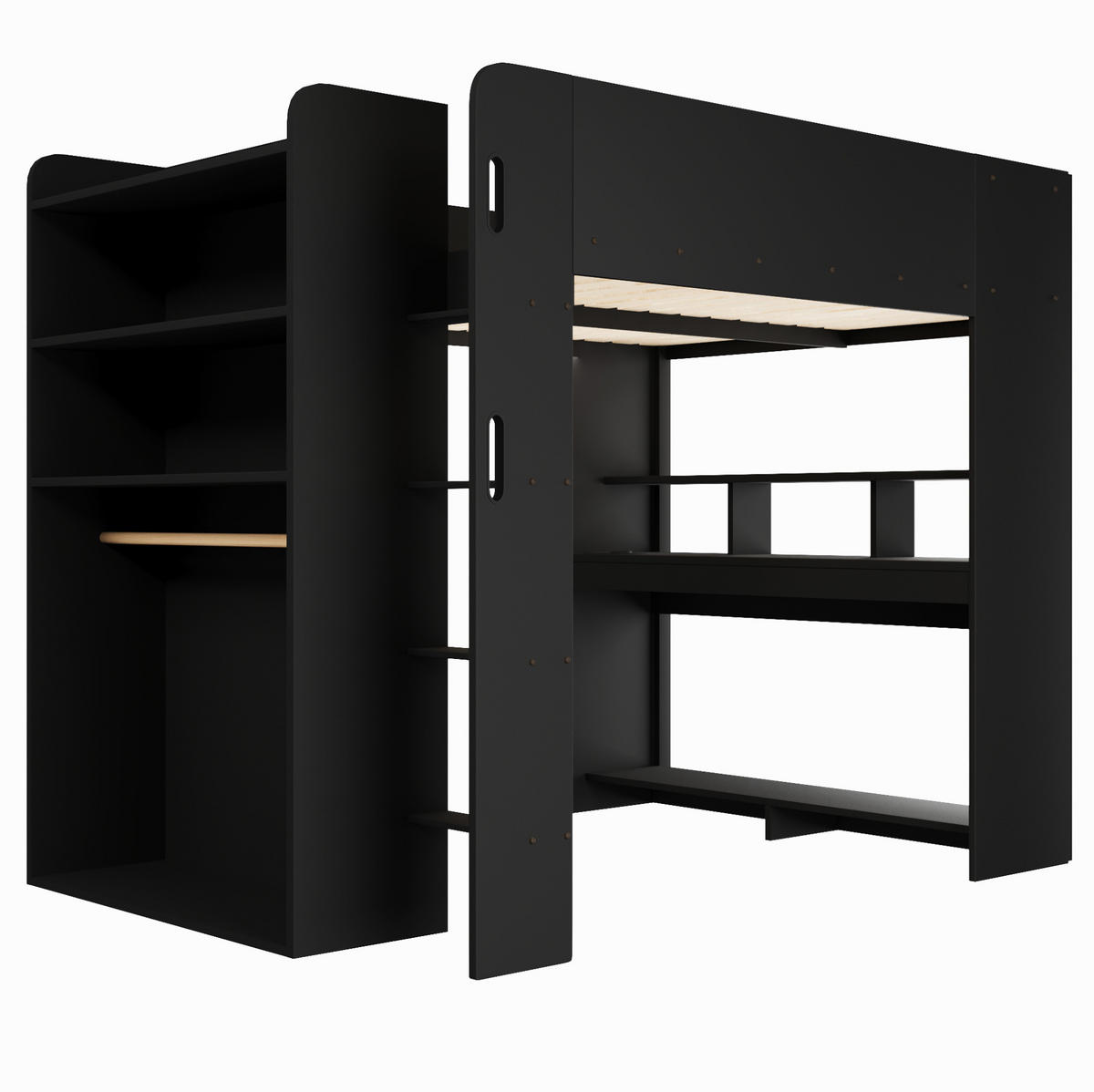 HOCHBETT aus MDF und Sperrholz 140x200 cm Schwarz mit Schreibtisch, Kleiderschrank und LED-Beleuchtung - Schwarz, Holzwerkstoff (140/200cm) - Modfu