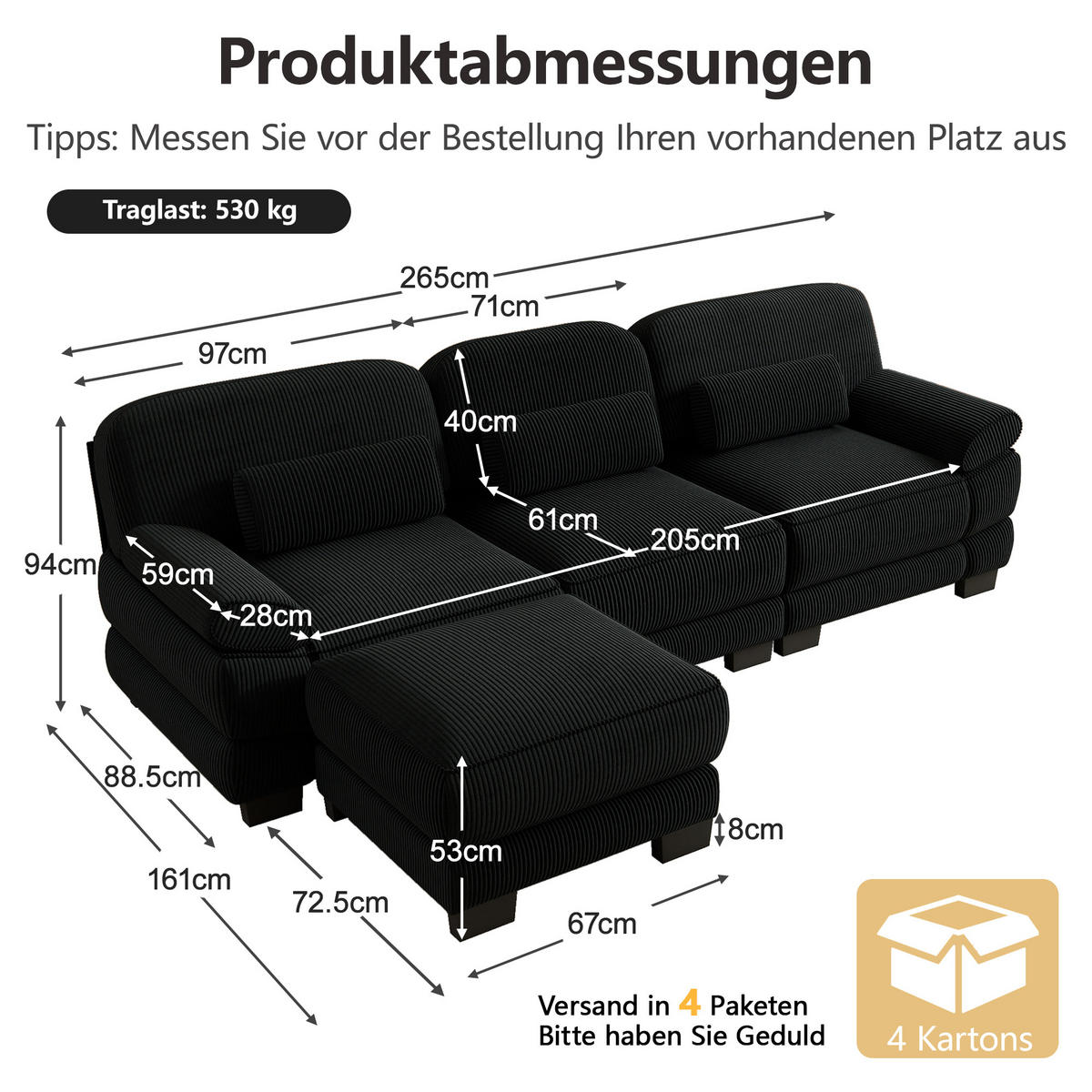 ECKSOFA 3-Sitzer L-Form mit Hocker, DE-42659, Schwarz - Schwarz, Holz (265/161cm) - ComfortXL