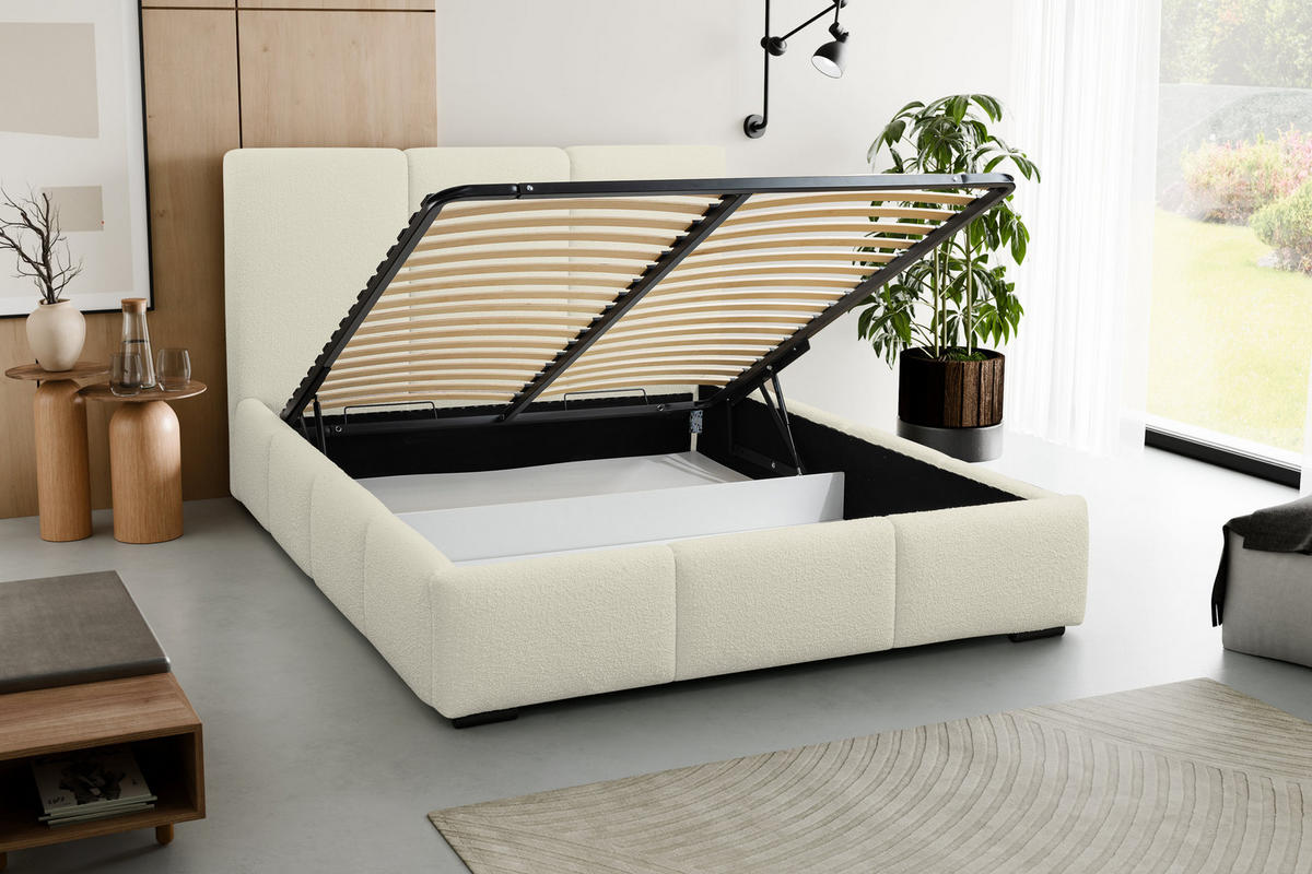 POLSTERBETT Basti mit Kopfteil, 160 x 200 cm, mit Bettkasten und Lattenrost aus Metall, Bouclé-Stoff, Frabe: Beige - Beige, Holz/Kunststoff (160/200cm) - VENASI MÖBEL