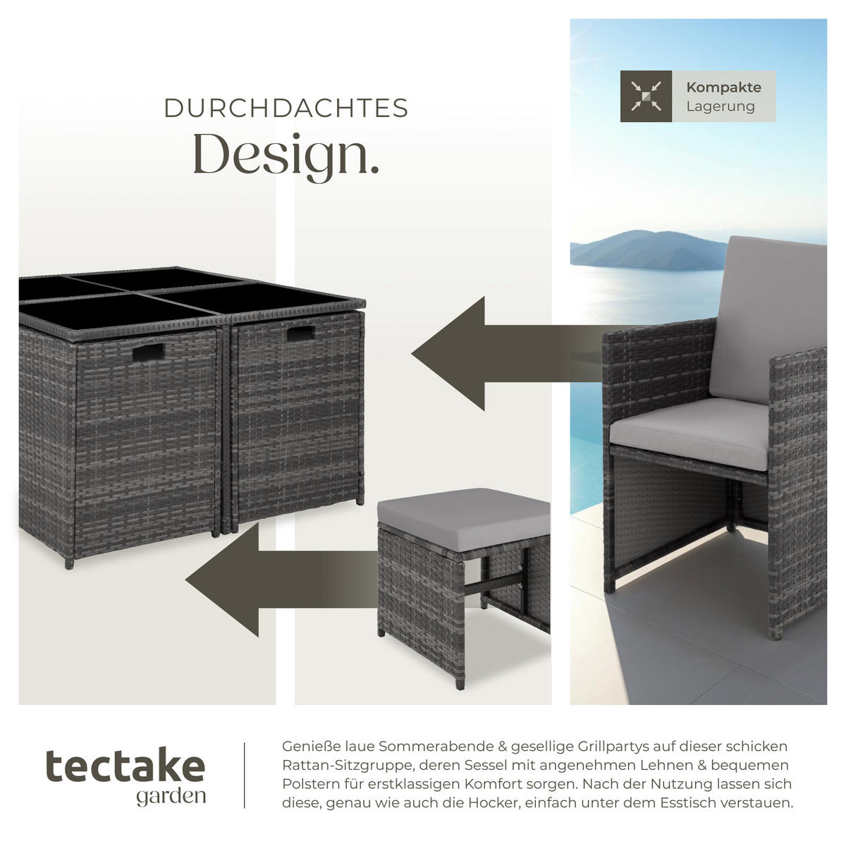 RATTAN SITZGRUPPE Bilbao,zusammenschiebbar, inklusive Schutzhülle,grau - Grau, Kunststoff - tectake