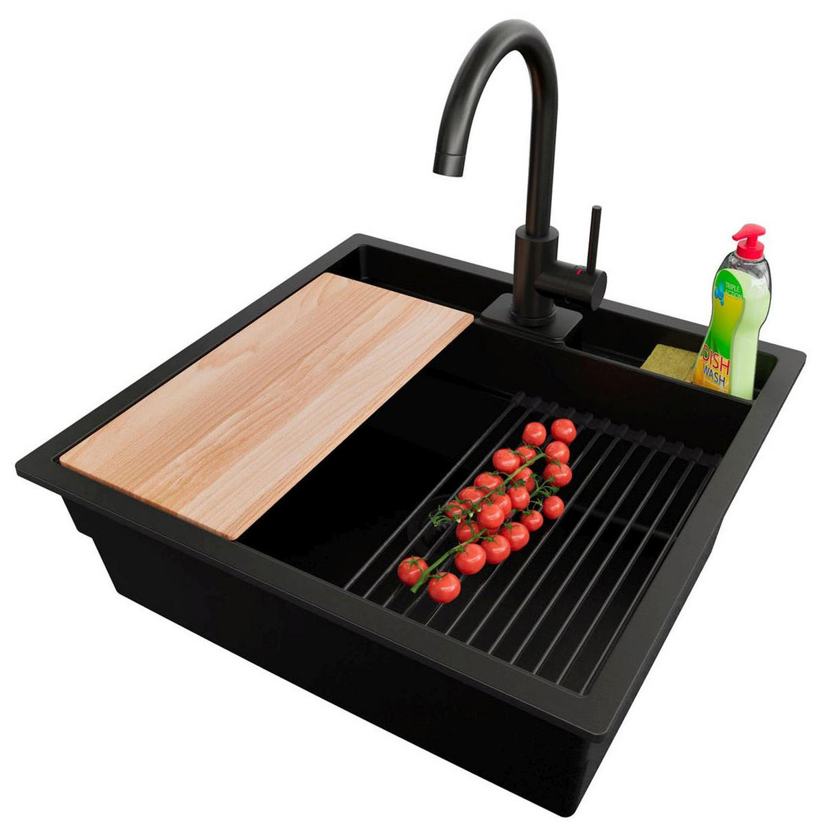 GRANITSPÜLE Bergen Pocket, 2-er set Alles Schwarz 56/54 cm 1 Becken + Küchenarmatur 32/20 cm + Ablauf-Set + Küchenzubehörset ab 60er Unterschrank - Beige/Schwarz, Kunststoff (56/20/54cm) - Primagran