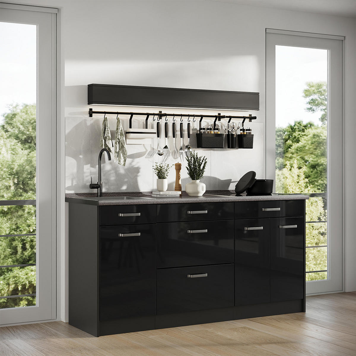 KÜCHENBLOCK R-Line, Schwarz Hochglanz/Anthrazit, 160 cm Arbeitsplatte Goldkraft Eiche - Schwarz Hochglanz/Anthrazit, Holzwerkstoff (160/81.6/60cm) - Vicco