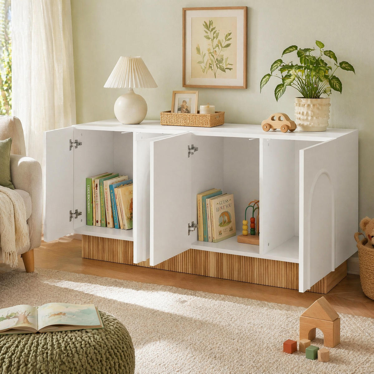 SIDEBOARD 160/38/75 cm mit 4 Türen und U-Reliefstruktur in Weiß-Holzoptik - Weiß/Naturfarben, Holzwerkstoff/Metall (160/38/75cm) - CHICFURN