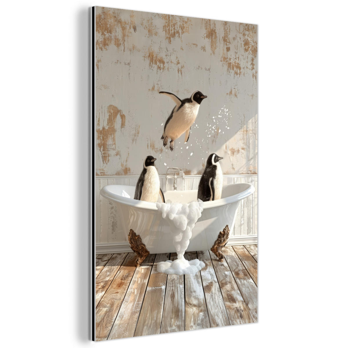 METALLBILD Vintage - Pinguin - Badewanne - Schaumstoff 40x60 cm - Schwarz, Metall (40/60cm) - MuchoWow