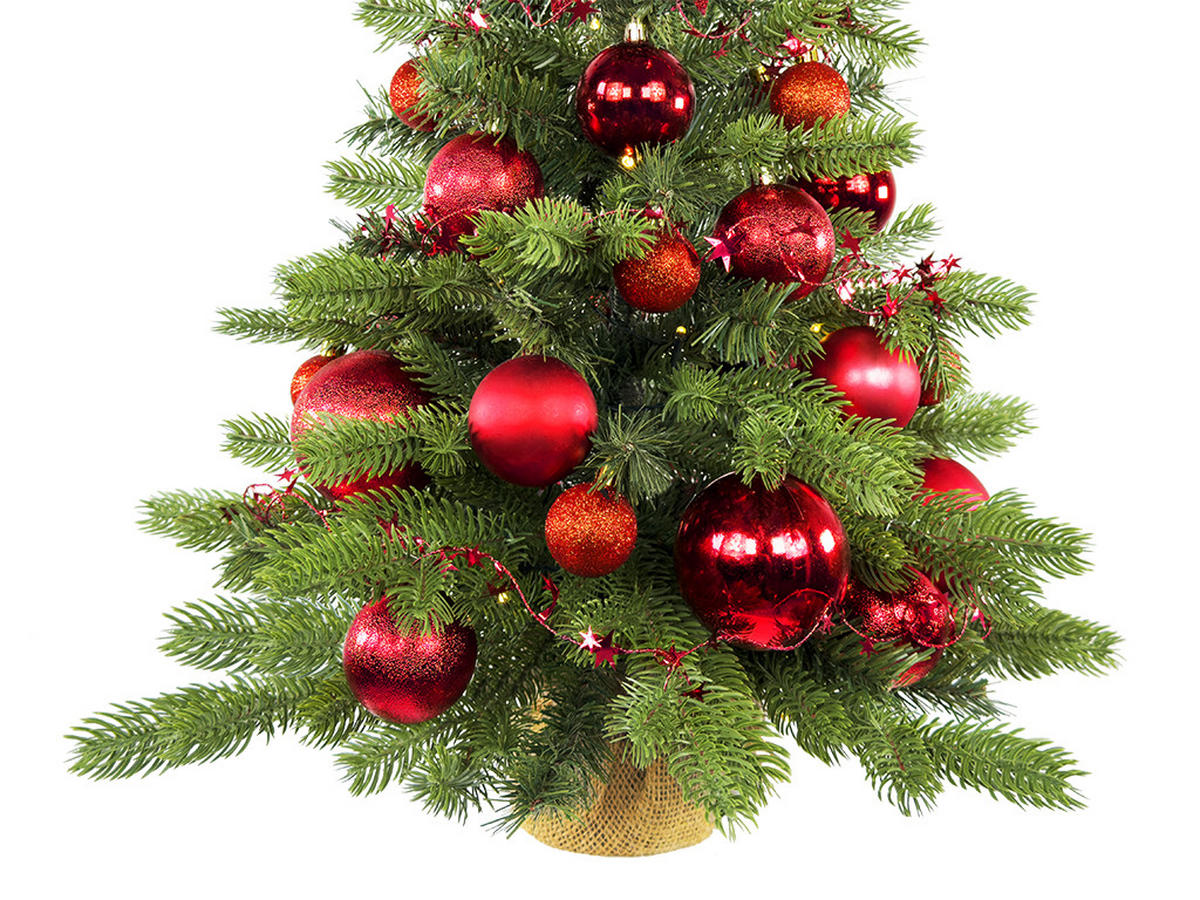 WEIHNACHTSBAUM künstlicher 60 cm mit LED-Beleuchtung, GOLDWEIHNACHTEN II, mit 34 Weihnachtsbaumschmuck, Pflanztopf mit Jutesack - Rot/Grün, Kunststoff/Stein (40/60cm) - LAALU