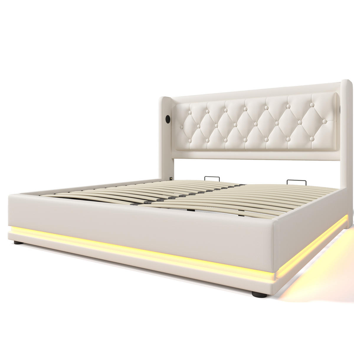 BETT mit Bettkasten USB & LED 180x200 cm PU Weiß - Weiß, Metall (180/200cm) - Meubliv