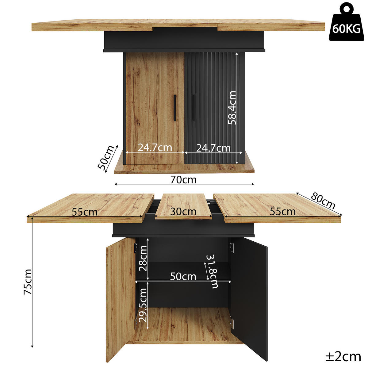 ESSTISCH 110-140x80x75 cm in Natur und Schwarz aus MDF mit Stauraum ausziehbar - Naturfarben, Holzwerkstoff (140/80/75cm) - Modfu