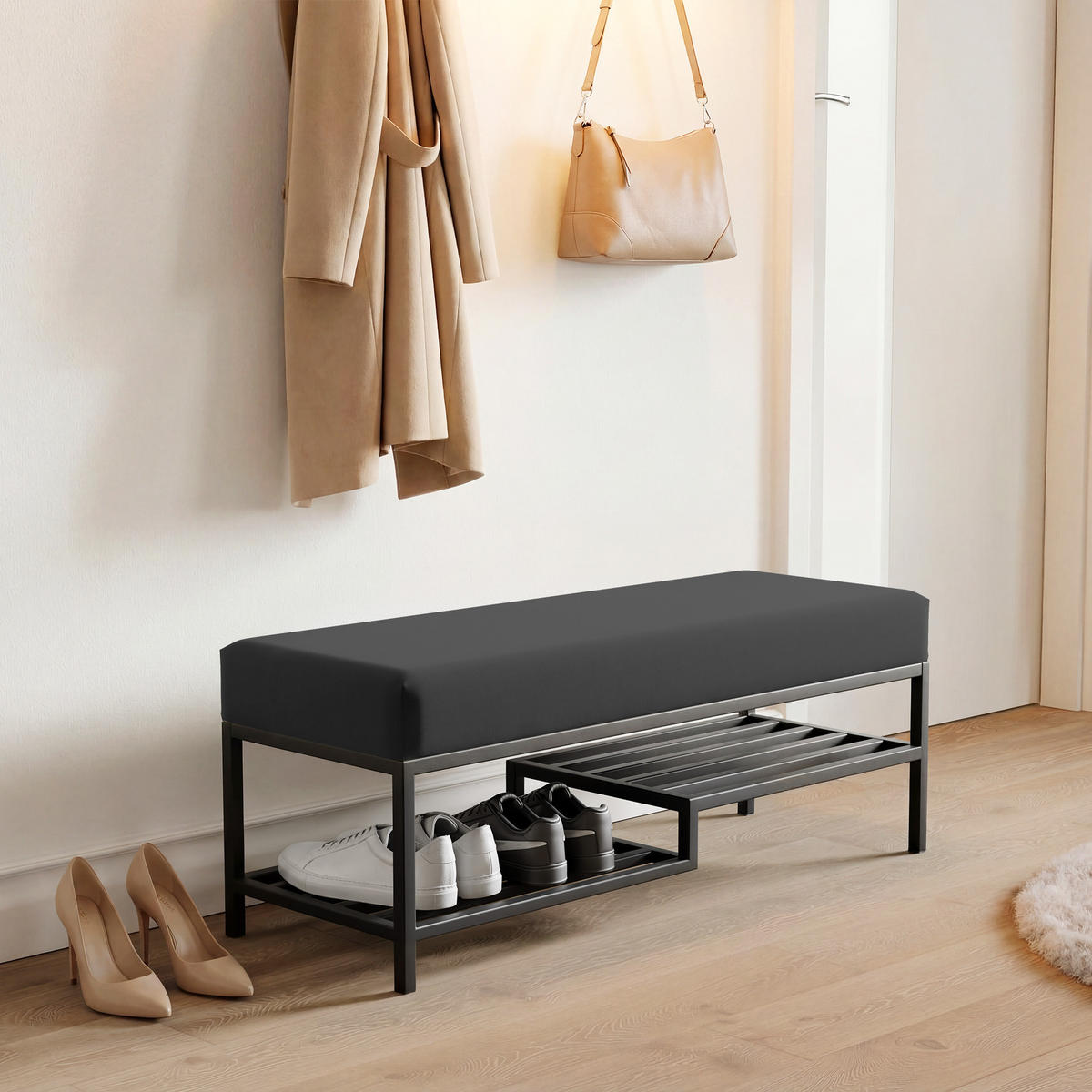 POLSTERBANK STEP 80 cm Schwarz ,Metallgestell - Schwarz, Metall (80/45/35cm) - Idohome