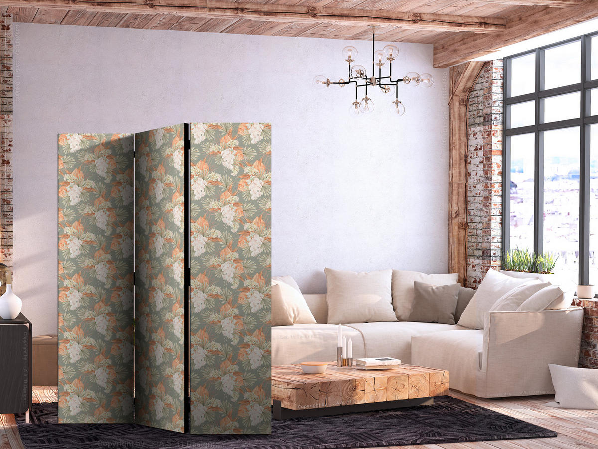 PARAVENT Akustik 3-tlg 135x172 cm Tropische Bl tter und Orchideen - Multicolor, Holz/Textil (135/172/3cm) - Muralo