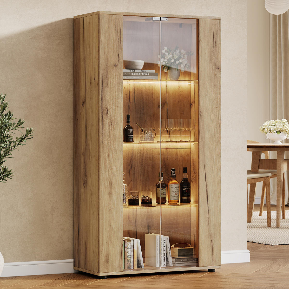 VITRINE 80x36x150,5 cm Natur mit LED und 2 Türen - Naturfarben, Holzwerkstoff (80/150.5/36cm) - FLIEKS