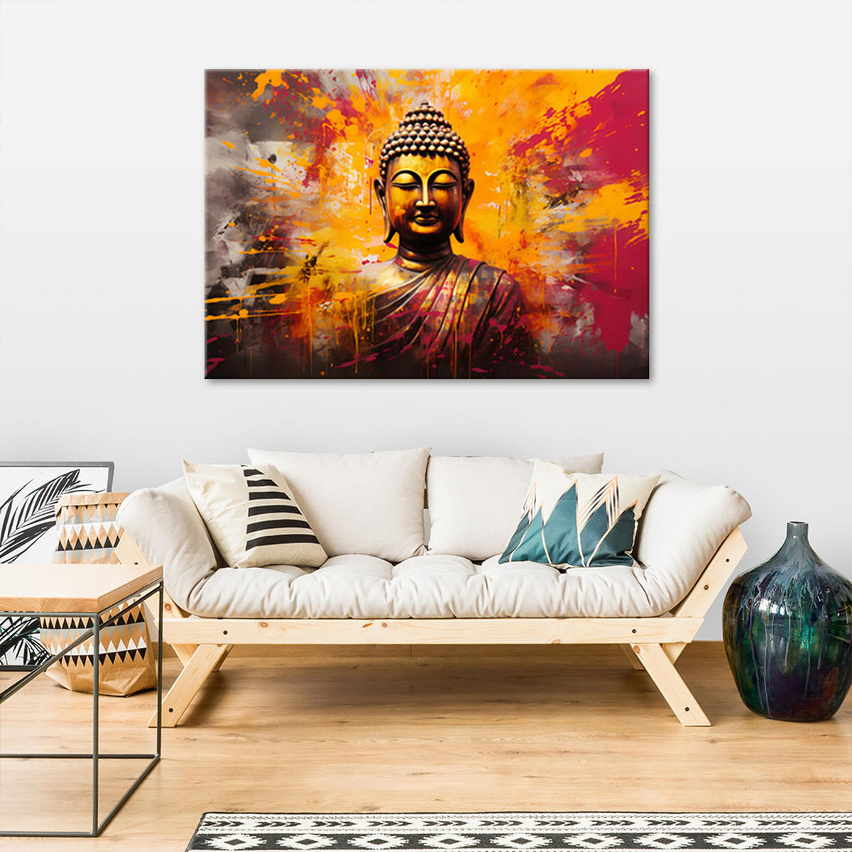 WANDBILD buddha statue bunt abstrakt - Orange, Textil (60/40cm) - Feeby
