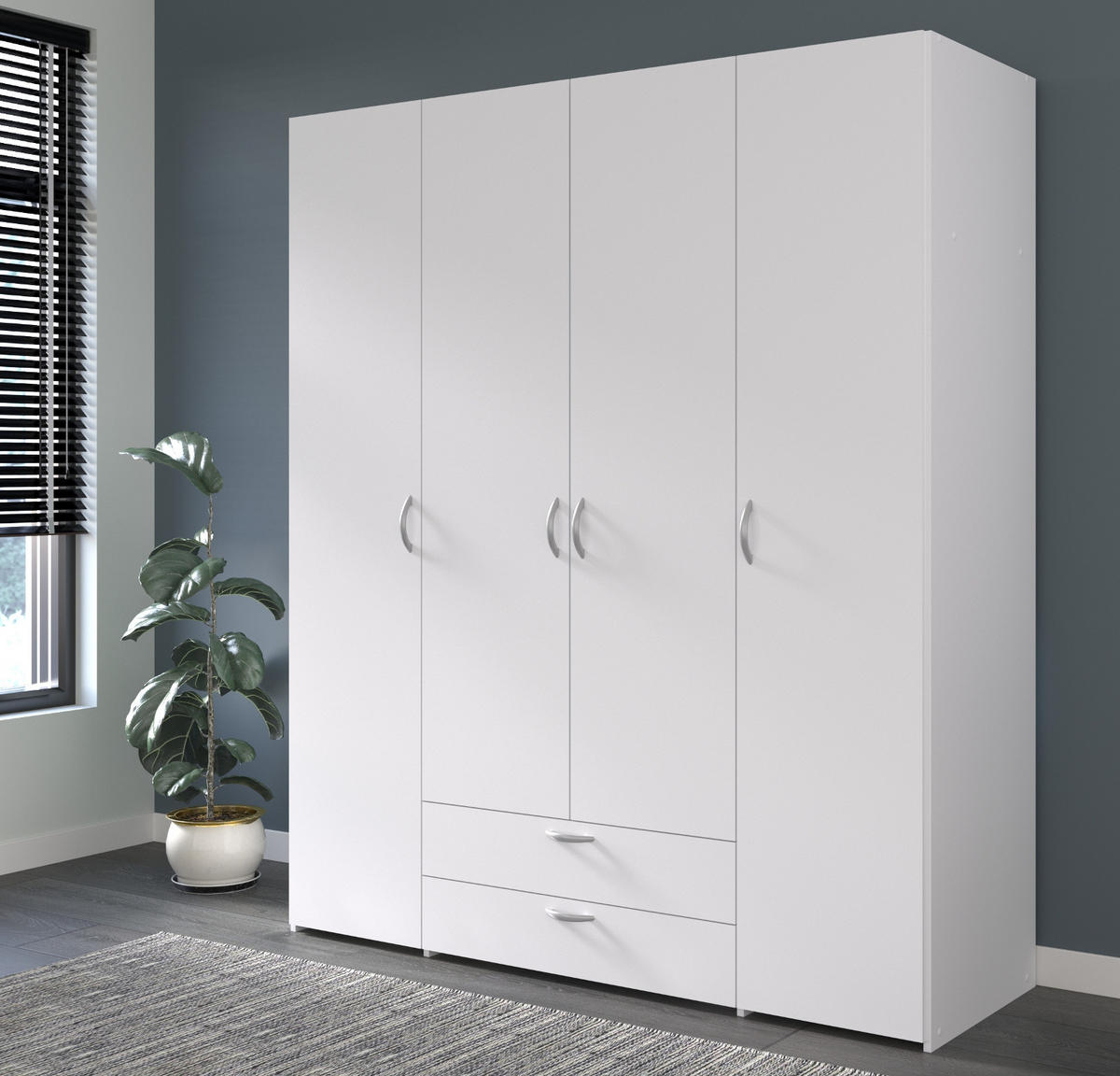 KLEIDERSCHRANK weiß 160 cm 4-türig, Drehtürenschrank - Silberfarben/Weiß, Holzwerkstoff/Kunststoff (160/185/51cm) - Furn.Design