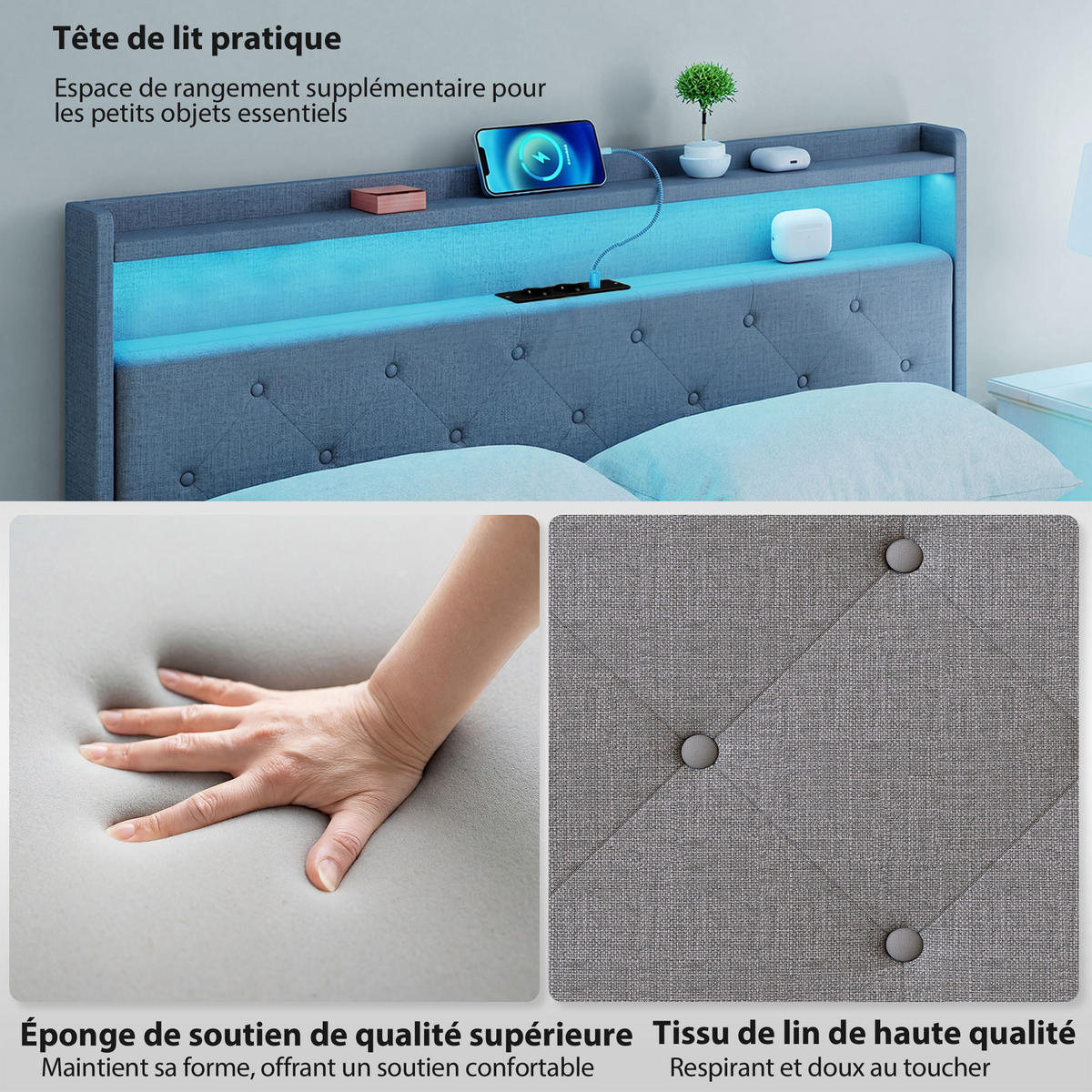 BETT 140x190 cm DE-14674 fliegend mit LED & Ladestation Grau - Grau, Metall (140/190cm) - ComfortXL