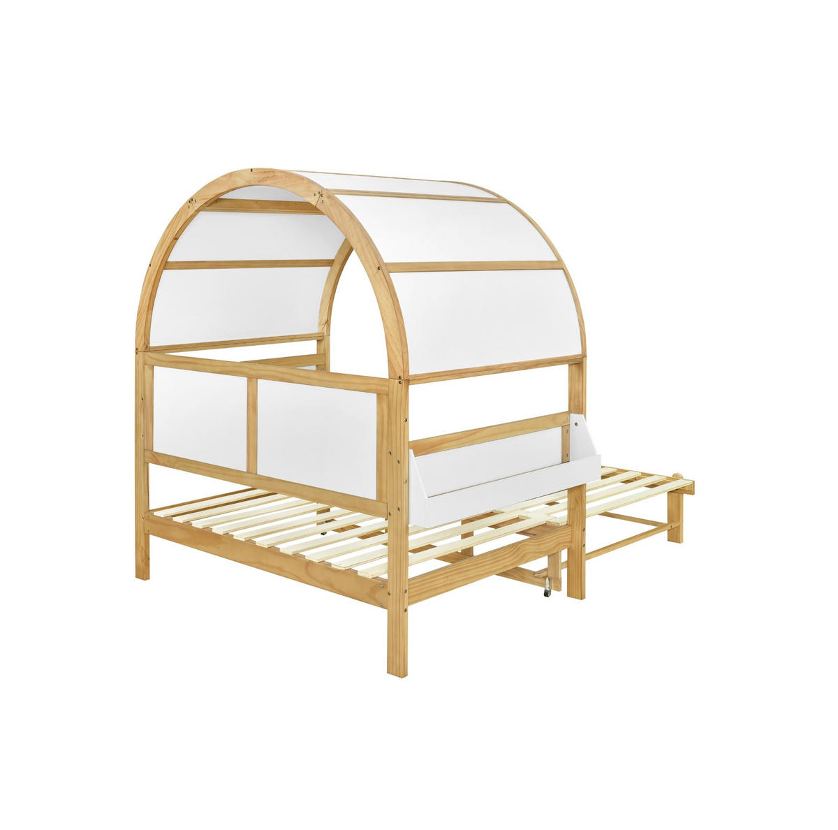POSTELJA v obliki hiše 140/200 cm bela/naravna z izvlečnim ležiščem iz masivnega lesa in MDF - bela, leseni material (140/200cm) - OKWISH