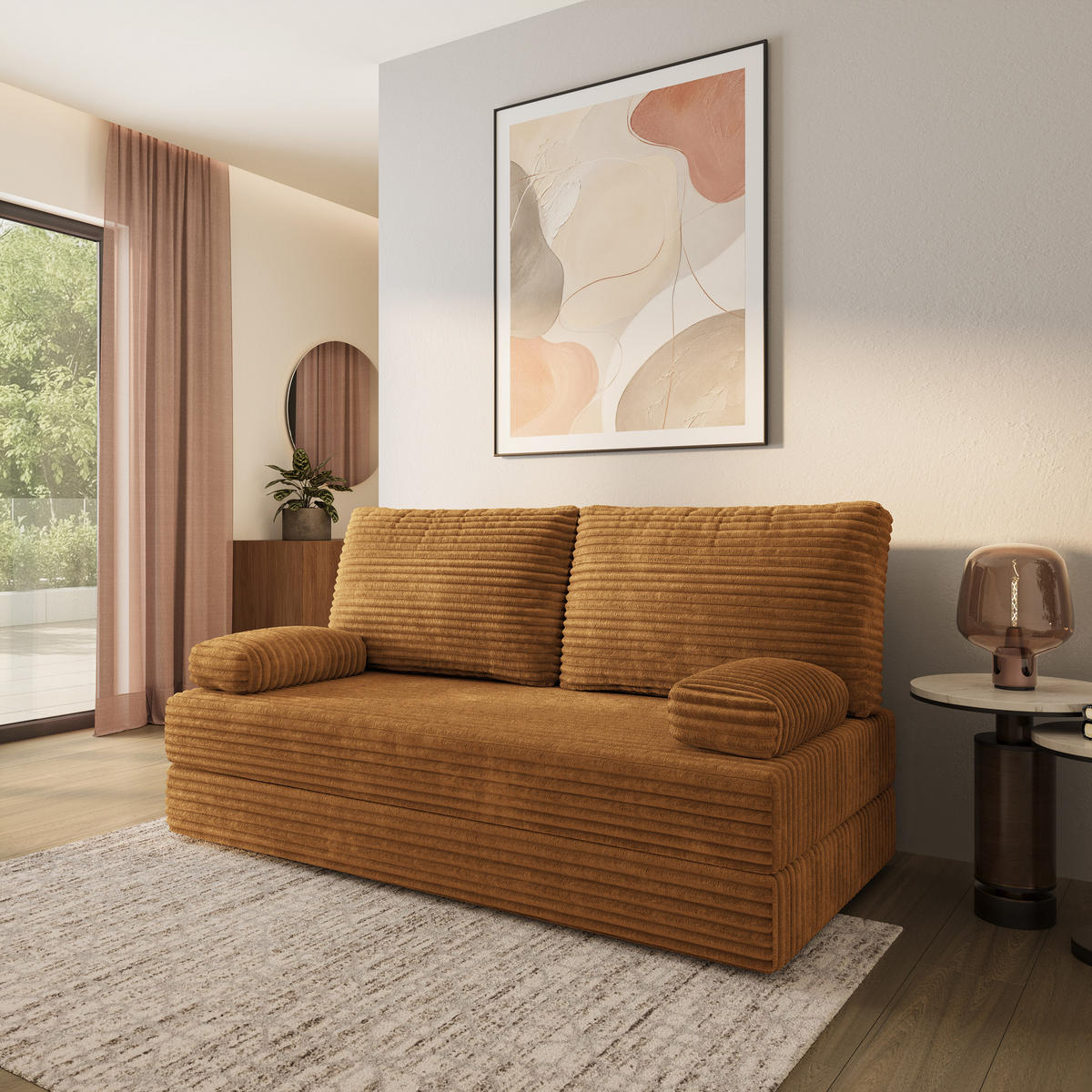 POHOVKA z pěny SILAR s funkcí spaní Manšestrová látka Měděná - pomerančová/měděná, textil (170/86/80cm) - MASSENO