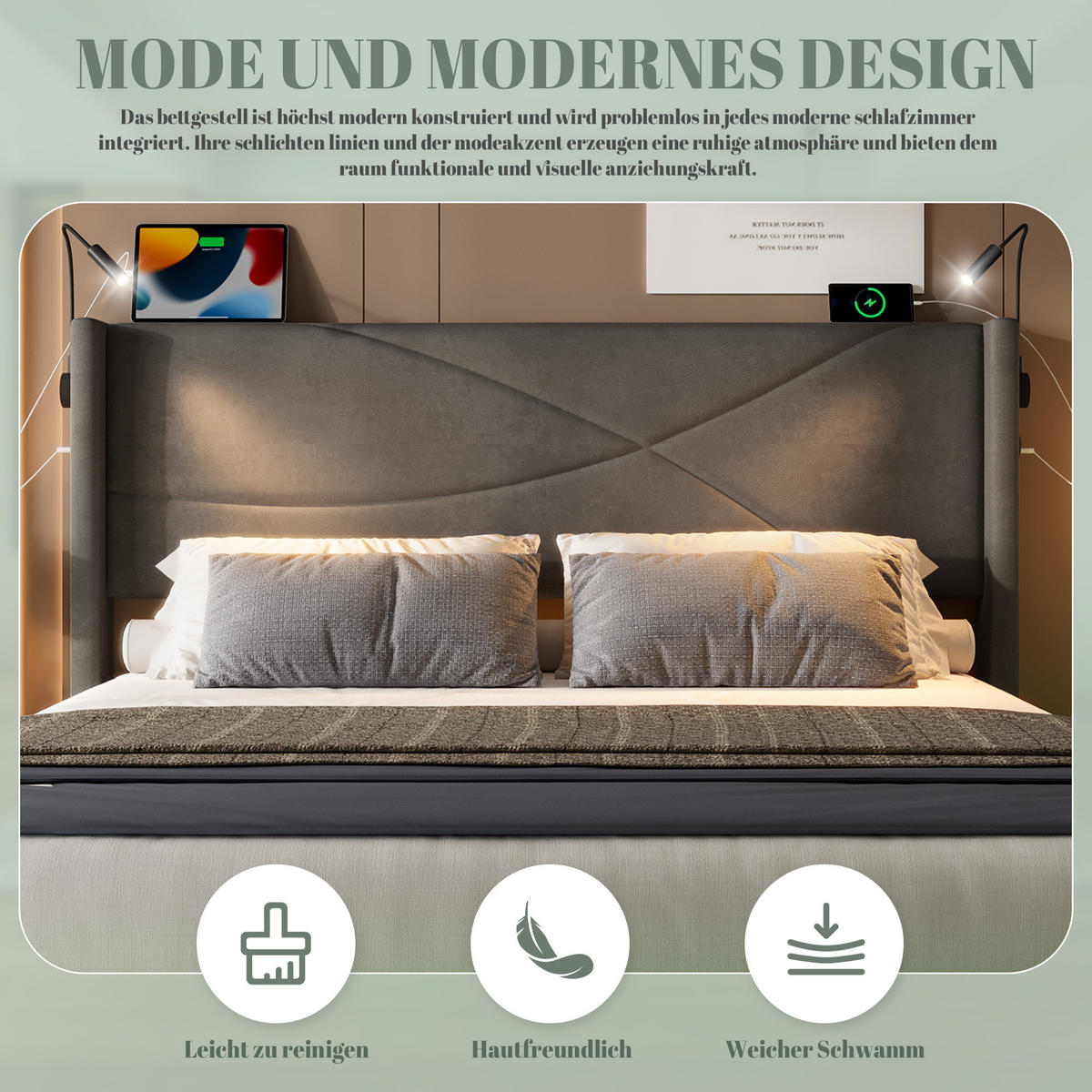 POLSTERBETT 160x200 cm LED USB Stauraum - Grau, Textil (160/200cm) - LEBENLANG