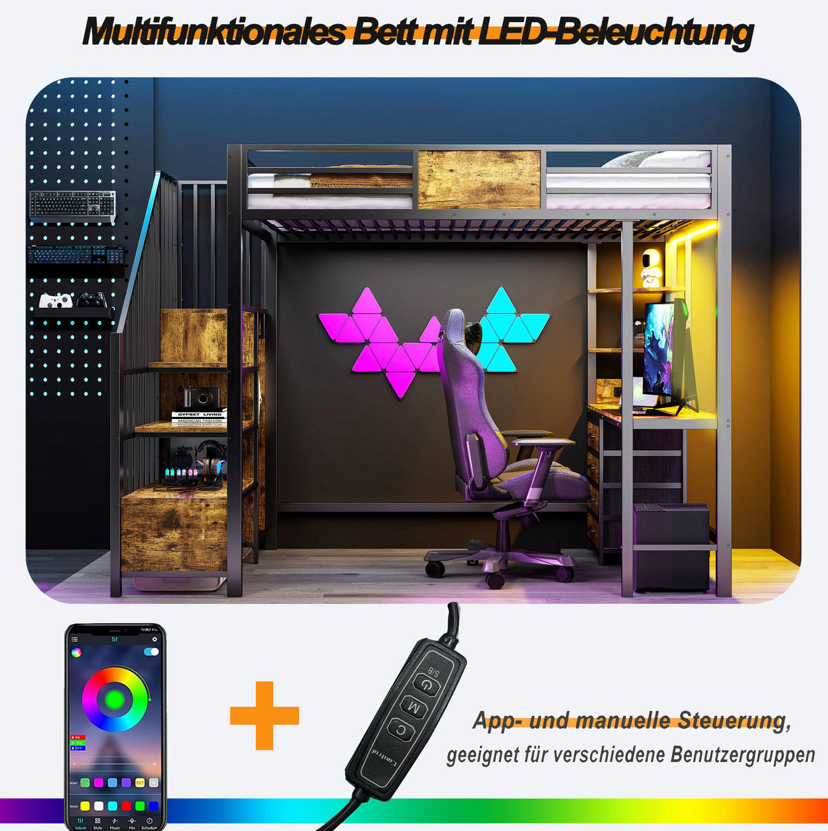 HOCHBETT 90/200 cm Schwarz aus MDF und Metall mit Schreibtisch, LED-Beleuchtung und Steckdose - Schwarz, Metall (90/200cm) - OKMYHOME