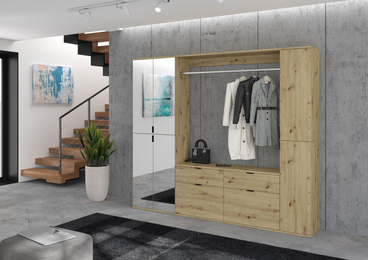 KOMMODE + Garderobenstange Projekt X Garderobe in Artisan Eiche Nachbildung B/H/T: 121x62x34 cm - Eiche Artisan, Holzwerkstoff (121/61/34cm)