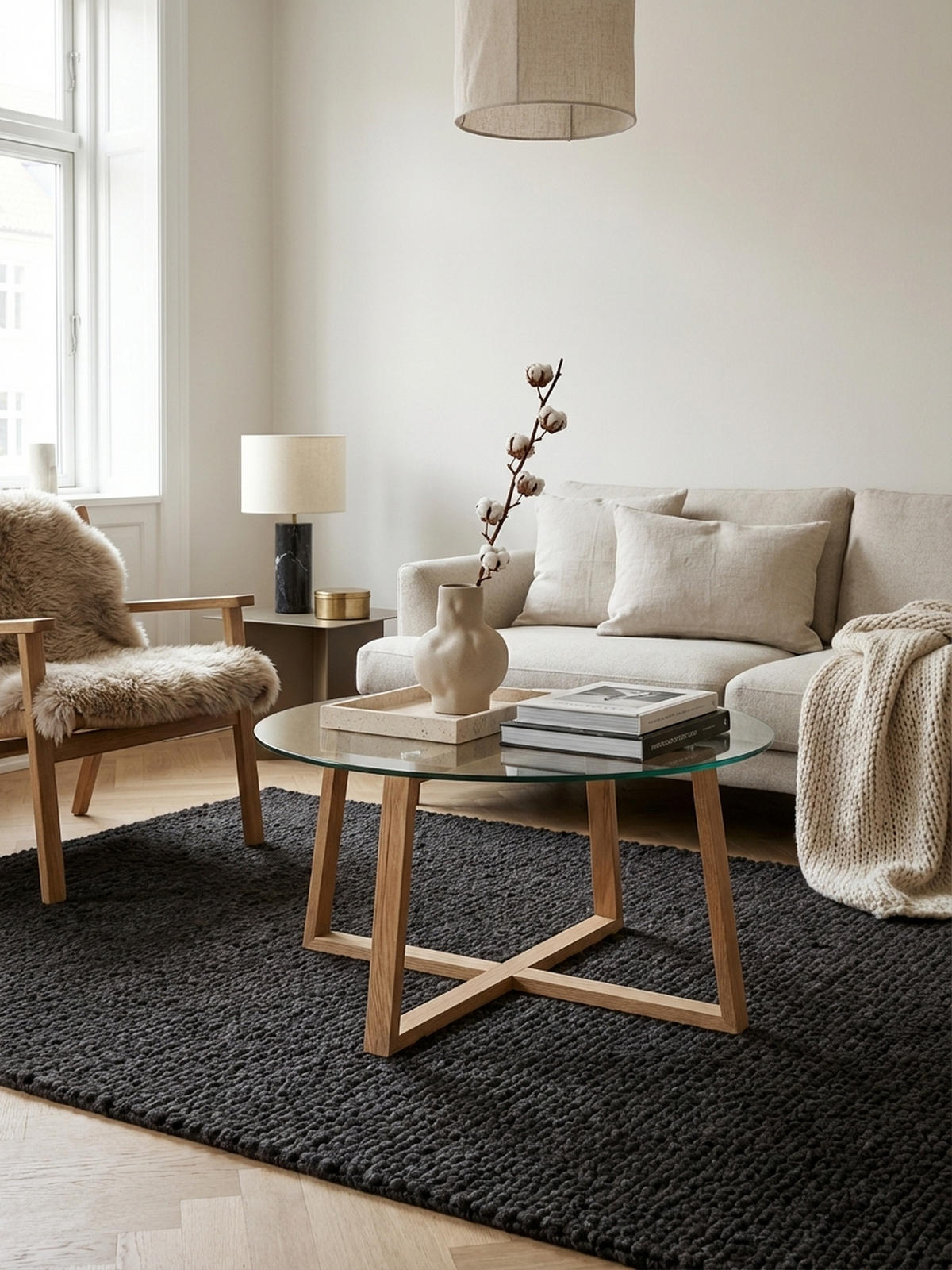 COUCHTISCH in Eiche mit transparenter Glasplatte und überkreuztem Gestell, modernes Design - Beige/Braun, Glas/Eichenholz (78/78/41cm) - KADIMA DESIGN