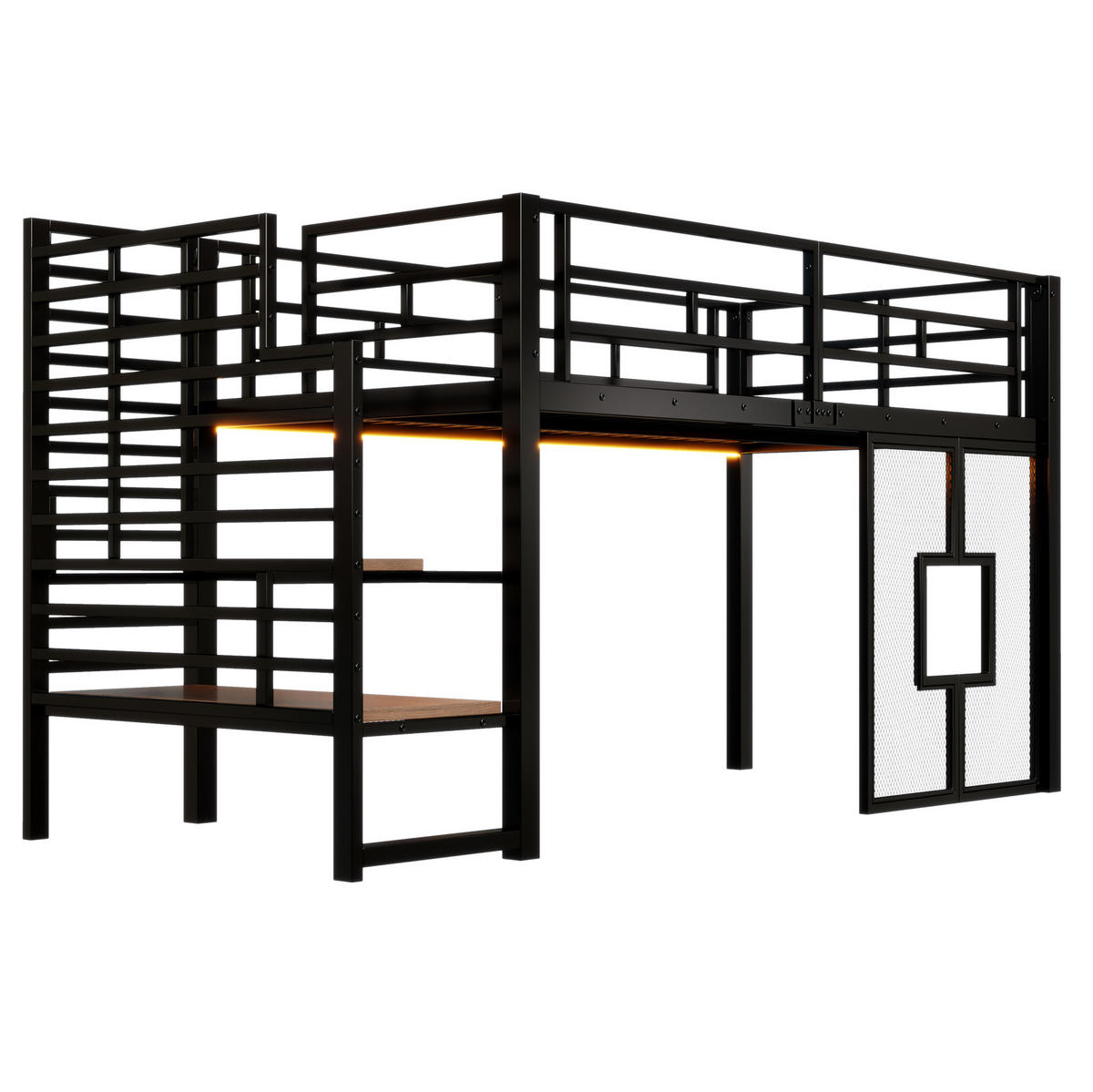 HOCHBETT 90/200 cm mit Stauraumtreppe, LED-Beleuchtung und Fenstern, Schwarz - Schwarz, Metall (90/200cm) - Redom
