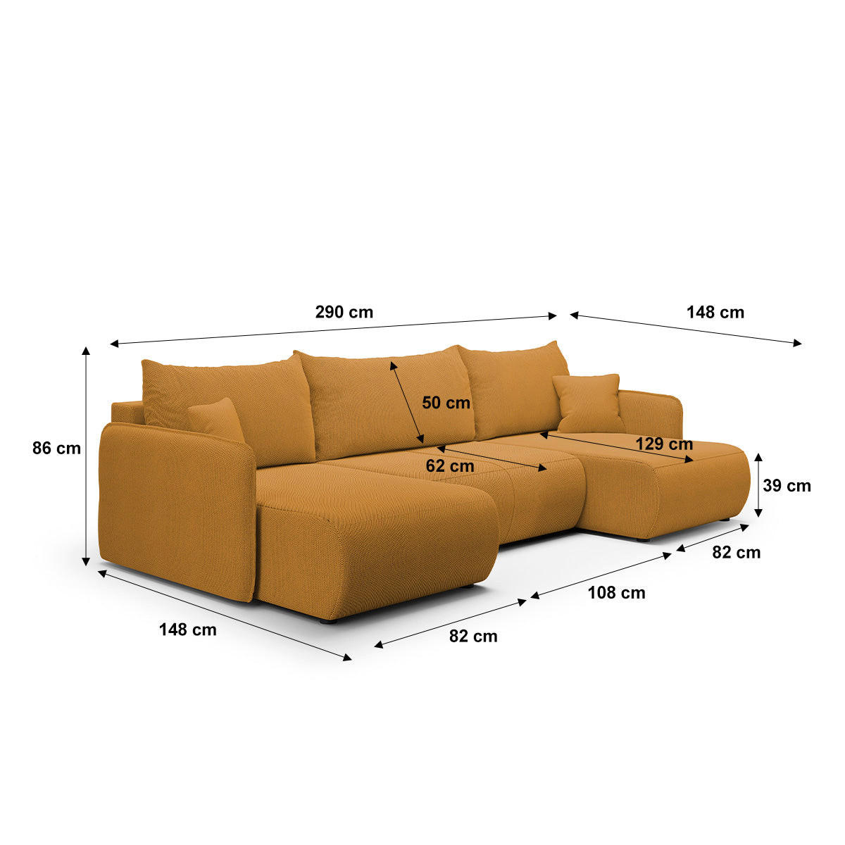 PANORAMSKA SOFA Claudio 5 mjesta za sjedenje Gorušičasto žuta - žuta, drvo (290/86/148cm) - Petits-meubles