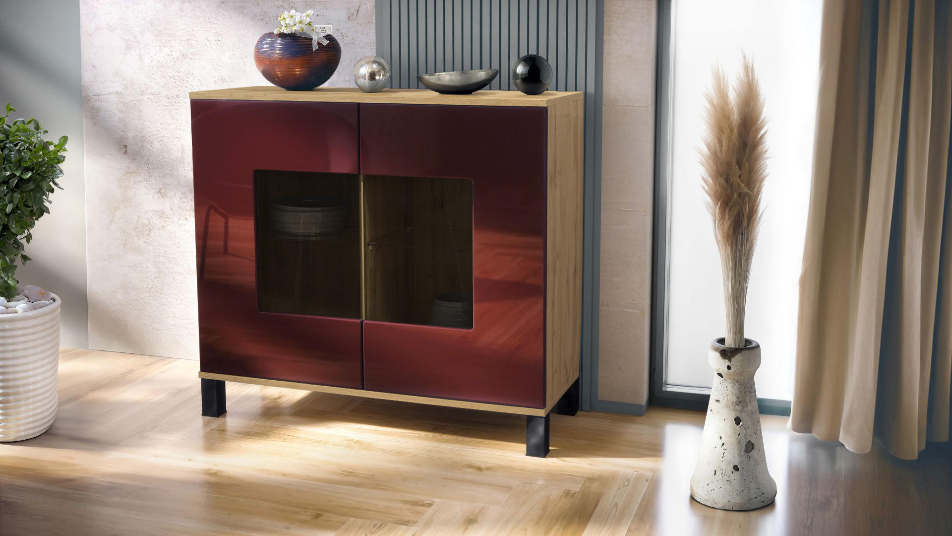 KOMMODE Grömitz Bordeaux Hochglanz - Bordeaux, Holzwerkstoff (92.5/84.5/35cm) - Vladon