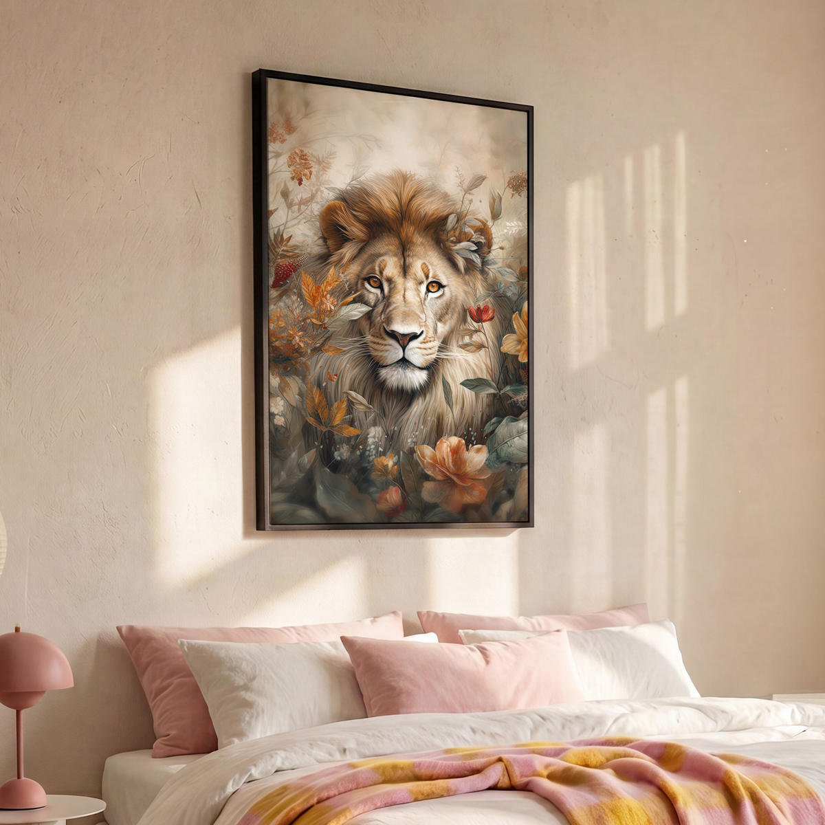 LEINWAND Bilder mit Rahmen - Löwe - Wildtiere - Pflanzen - Natur - Blumen - 90x140 - Beige, Textil (90/140cm) - MuchoWow