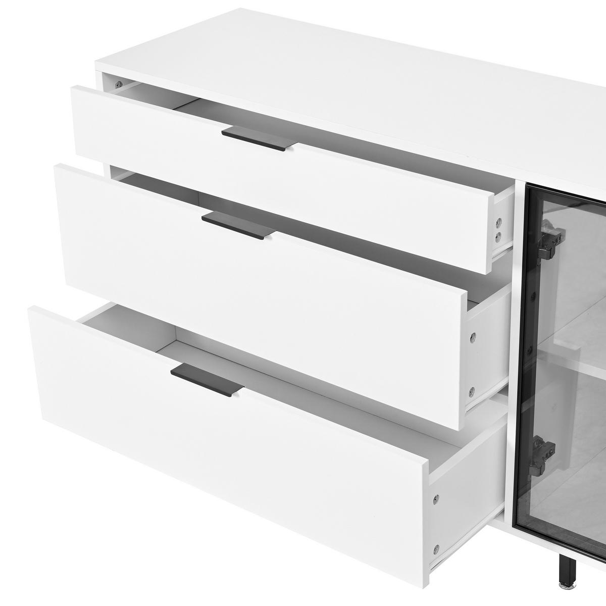 SIDEBOARD in Weiß Kommode mit 3 Schubladen, Glastüren und LED-Lichtleiste für Esszimmer und Wohnzimmer, B160T36/H78cm - Transparent/Schwarz, Holzwerkstoff/Metall (160/78/36cm) - STILVORA